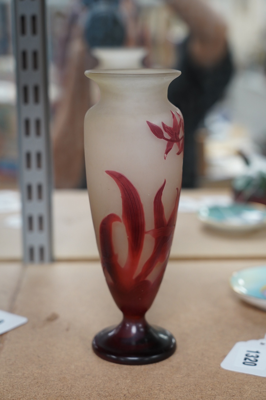 A Gallé red iris vase, 20cm high. Condition - fair to good minor scratches to base etc.